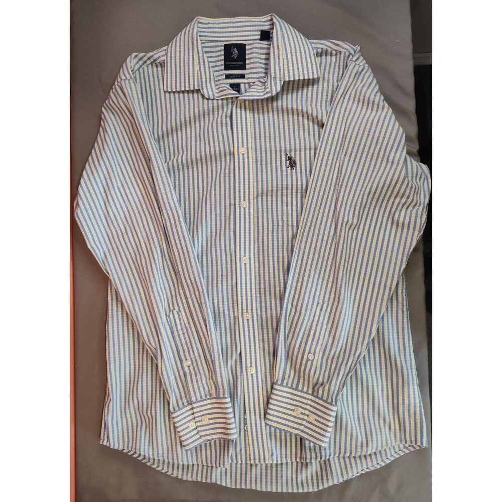 Men's U.S. Polo Assn Slim Fit Long Sleeve Dress Shirt White Blue Large